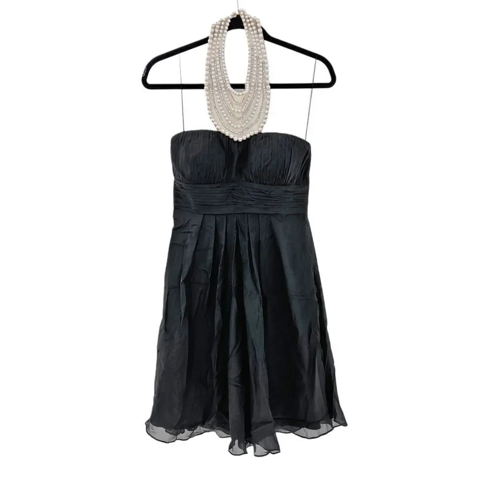 Aidan Mattox Midi Pearl Gem Collar Black Silk Dress Size 8 - Picture 4 of 13